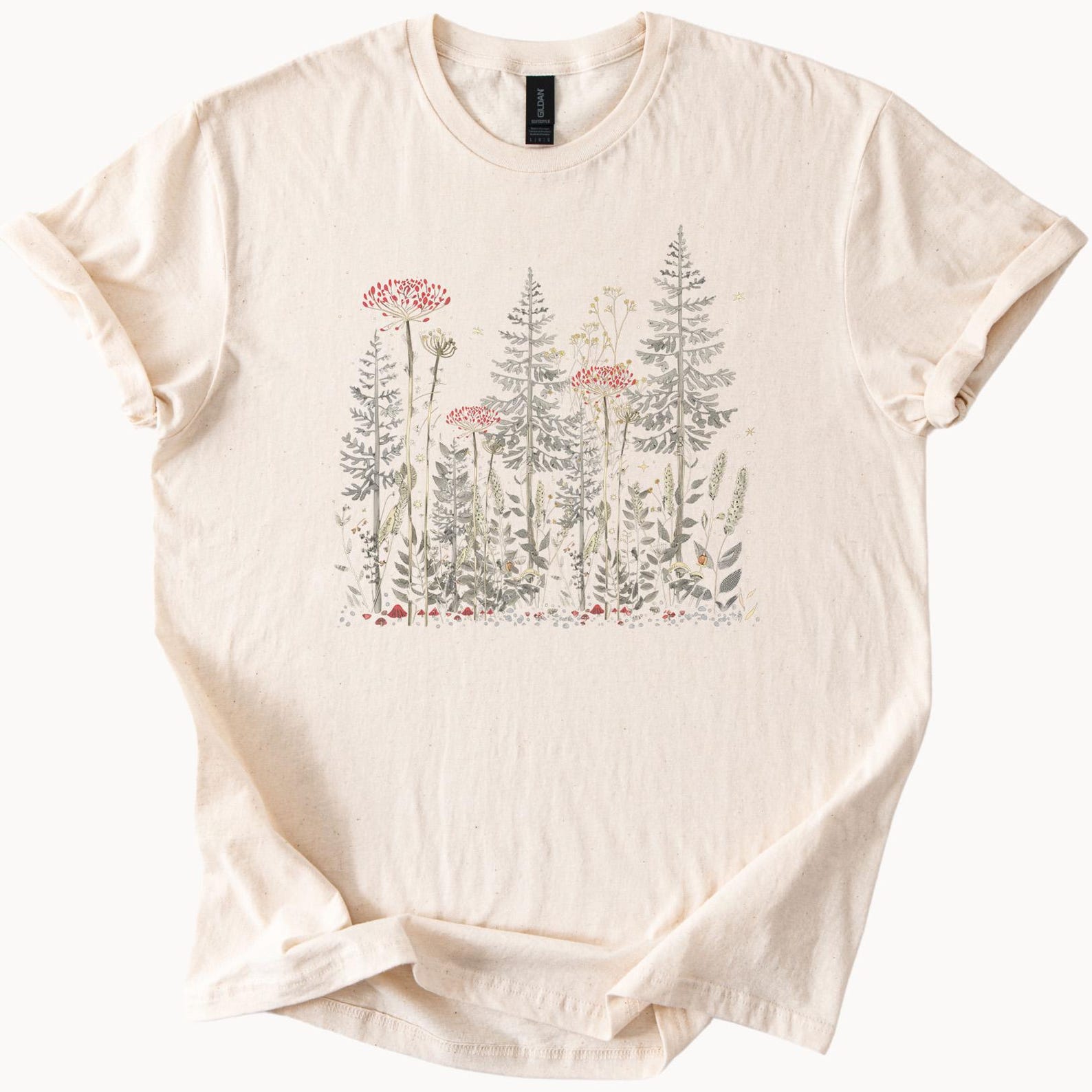 Wildflower Forest Graphic T Shirt Botanical Nature Tee with Ferns and Pink Flowers Aesthetic Outdoorsy Plant Lover Gift 140