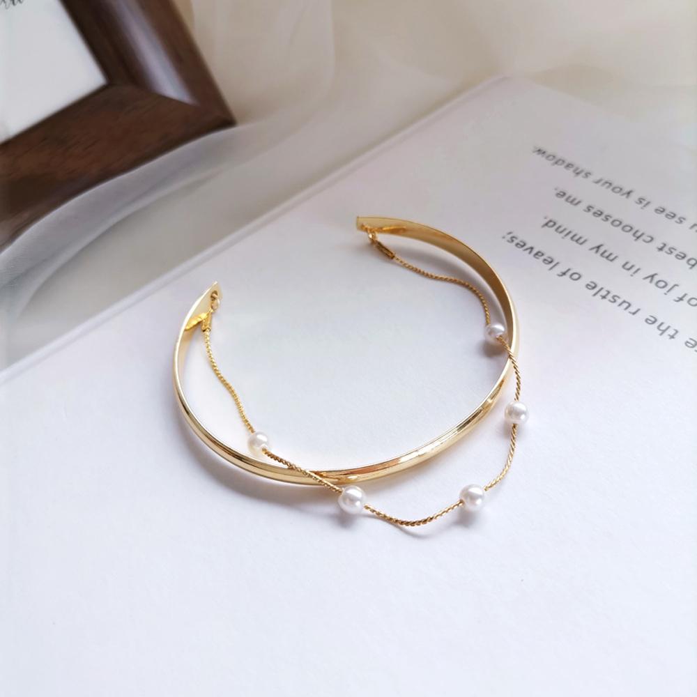 Girls Fashion Jewelry Chunky Temperament Open Bangles Link Chain Metal Cuff Pearl Bracelets