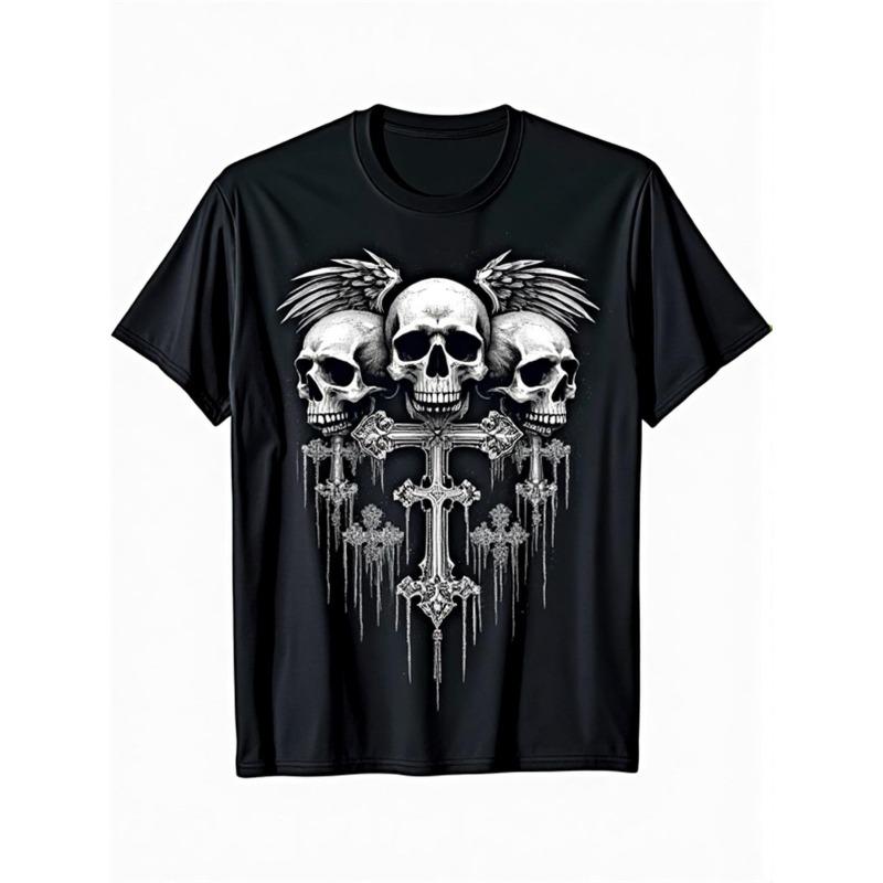 

Men S Gothic Y2K T-Shirt with Winged Skull and Cross Applique | Black, Short Sleeve, Suitable for Parties, Everyday Outfits, Machine Washable 4XL чорний