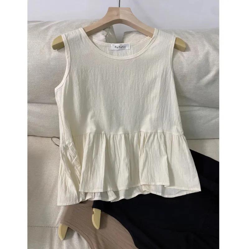 Damen Tanktop mit Rundhalsausschnitt, ärmellos, strukturierter Stoff, Schößchensaum, lässige Bluse