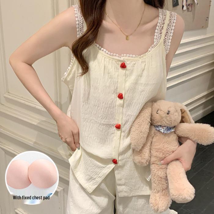 2026 Summer Cloud Cotton Pajama Set with Built-in Bra for Women - Princess Style Camisole & Round Neck Sweet Homewear