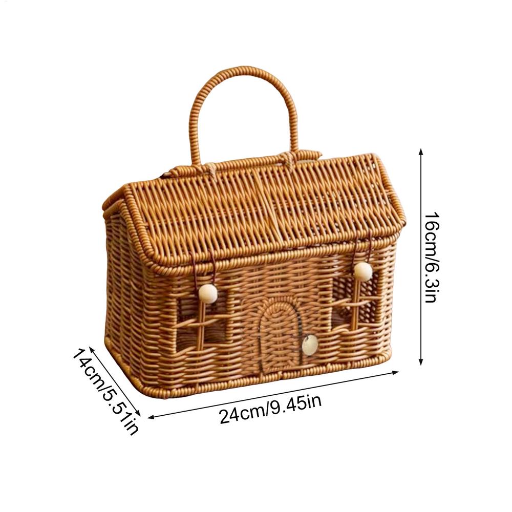 Cesto Decorativo a Forma di Casa in Rattan Sintetico 24x14x16cm con Coperchio Manico Intrecciato a Mano Organizer per Scaffale Decorazione per la Casa Cesti portaoggetti