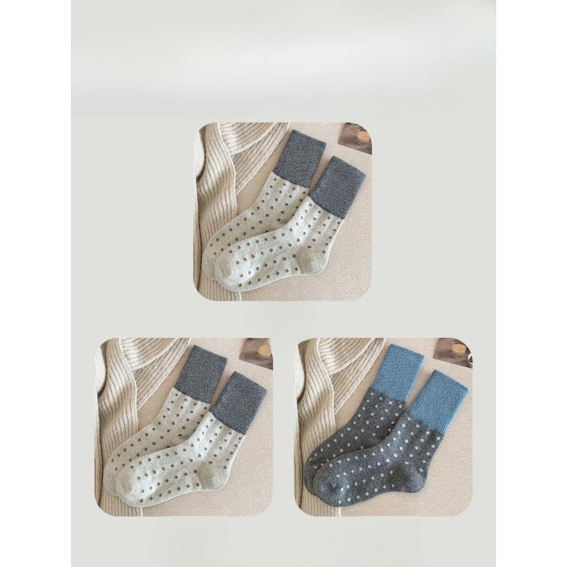 3 Pairs of  Female Autumn and Winter Thickened Warm Retro Splicing Color Polka Dot Wool Tube Socks