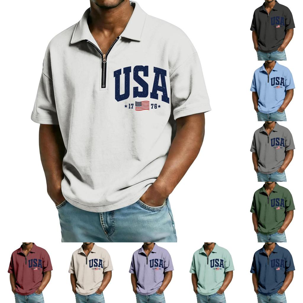 Men’s Short Sleeve Polo Shirt with Half Zip Collar USA Letter Print and Flag Embroidery Casual Fit Top