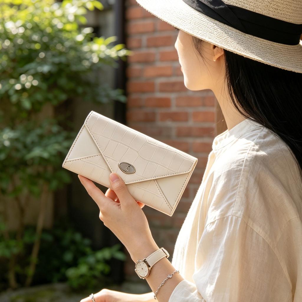 Damen Long Wallet mit Krokodilmuster, Umschlag-Clutch-Tasche mit großer Kapazität, Mehrere Kartenfächer, Reißverschluss-Münzfach, Elegante Abend-Handtasche