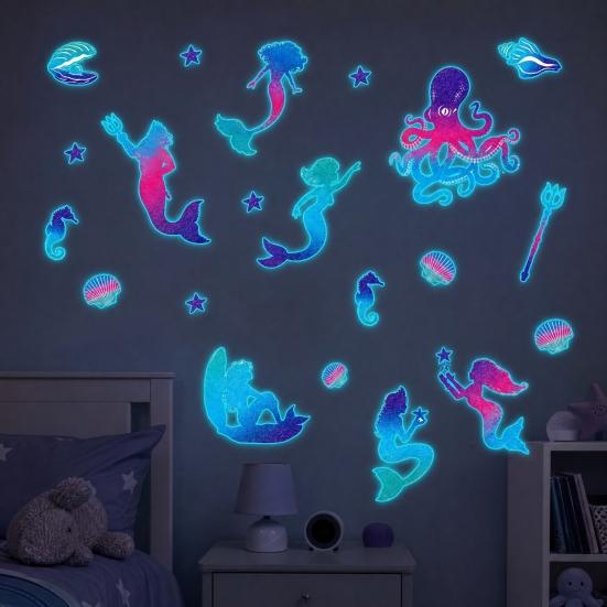 Under The Sea Glow In The Dark Wall Decals, Mermaids Seahorse Shells Luminous Sticker for Girls Room, Nursery, Bathroom, Ceiling, Wall Decor