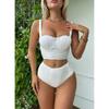 Women European Style High Waisted Split Solid Two Piece Padded Swimsuit