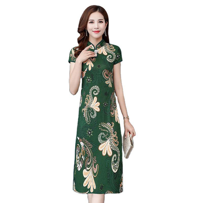 Cheongsam chinezesc stil nou: Rochie cu mânecă scurtă, croială slim-fit, lungime medie, cu imprimeu de vară