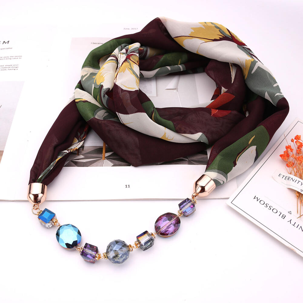 Elegant Chiffon Infinity Scarf with Floral Print & Crystal Beaded Necklace – Women’s Stylish Fashion Accessory