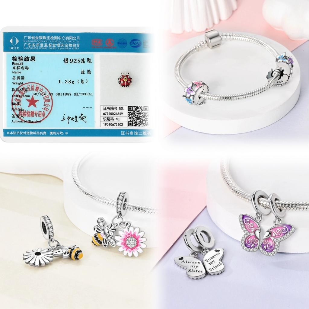 Butterfly Charm 925 Silver Exquisite Pink Blue Zircon Fly Butterflies Safety Chain Clip Charms Fit Bracelet DIY Jewelry For Women