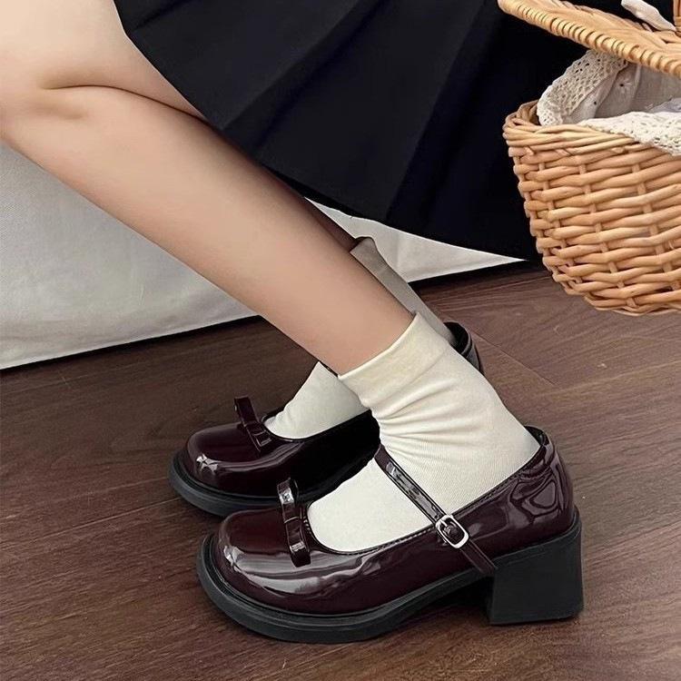 Thick Heel Mary Jane Small Leather Shoes New Spring Round Head Bow Shallow Mouth Japanese Jk High Heel Single Shoes
