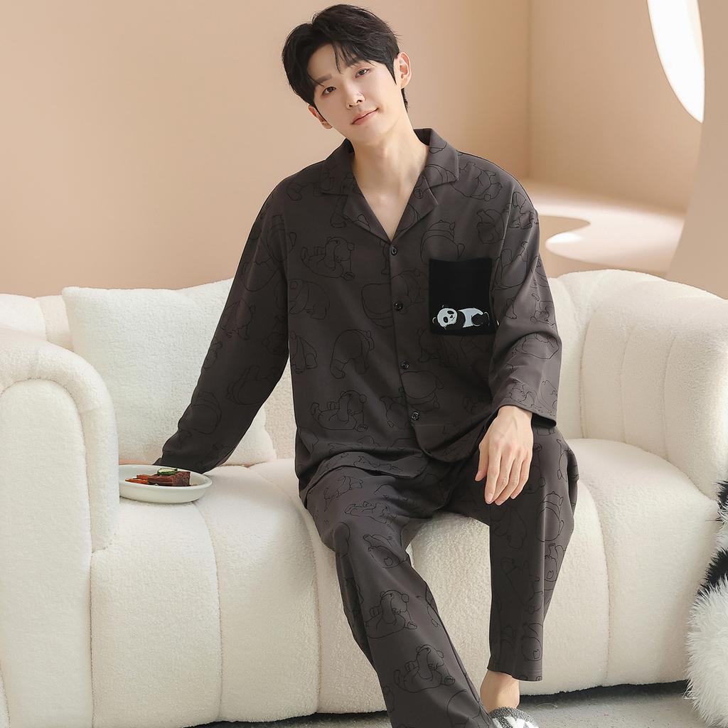 New long-sleeved trousers pure cotton couple pajamas can be worn outside cartoon loose casual men and women pajamas set cotton