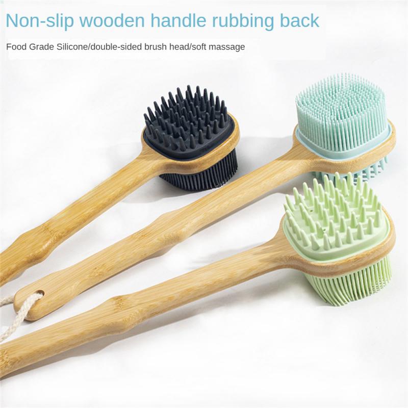 

New Silicone Brush Long Head Back Scrubber Shower Brush with Long Wooden Handle Dry Skin Exfoliating Body Massage Cleaning Tool 1PCS1