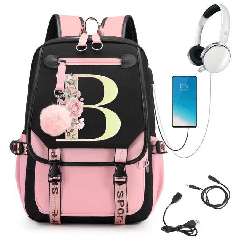 Pink Backpack Graphic Gold Printed Letter