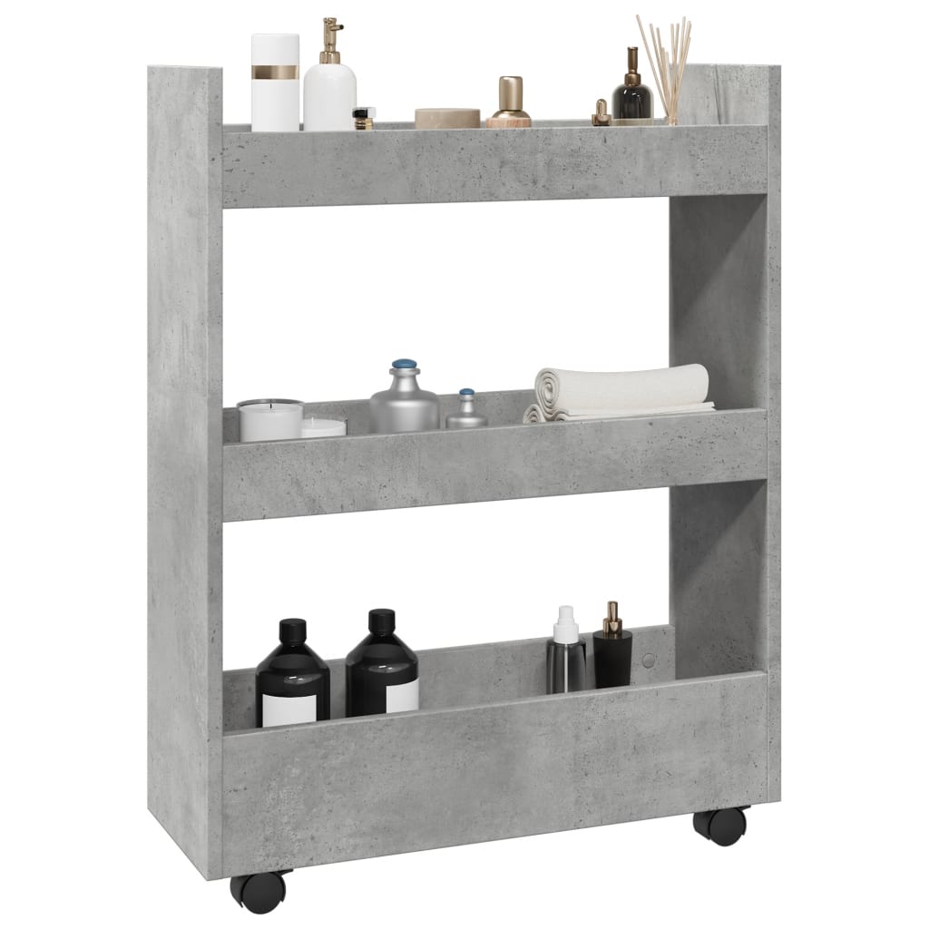 Narrow Storage Trolley 3 Tier Concrete Grey Wood Based Material
