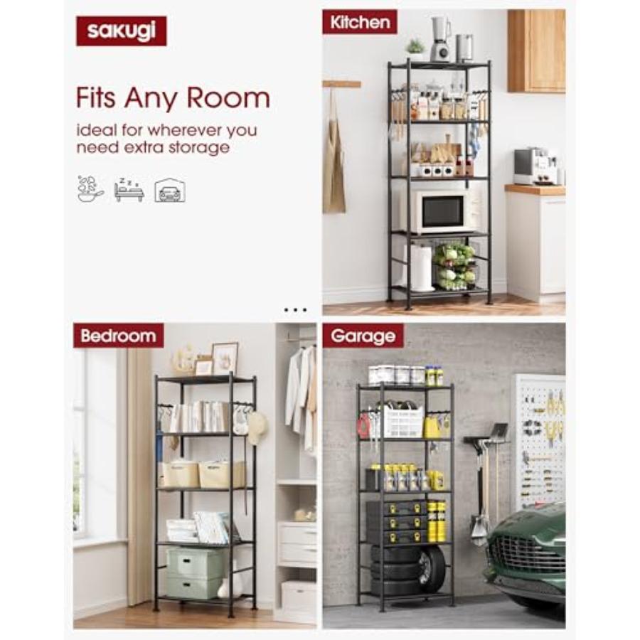 Storage Shelves - 5-Tier Large Ccity Shelf Organizer with Hooks Heavy-Duty Garage Shelving with Leveling Feet Wobble-Free Rack