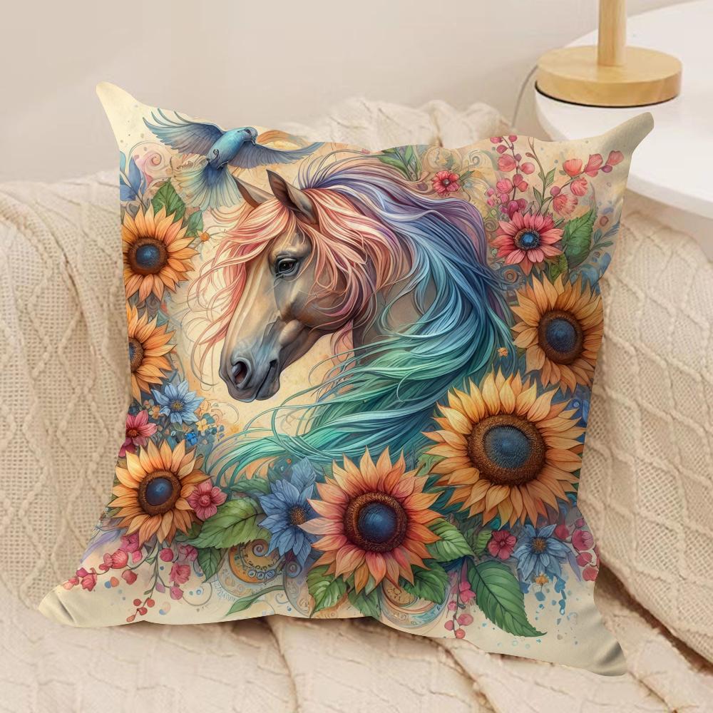 Watercolor Horse Floral Cushion Cover Soft Plush Fabric DoubleSided Printed Cushion Covers for All Seasons Modern Home Decor