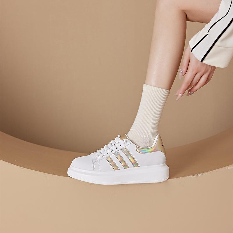 Spring Small Size Casual Shoes for Women, Thick-soled Leather Little White Shoes for Women, Lace-up Color Matching Student Shoes