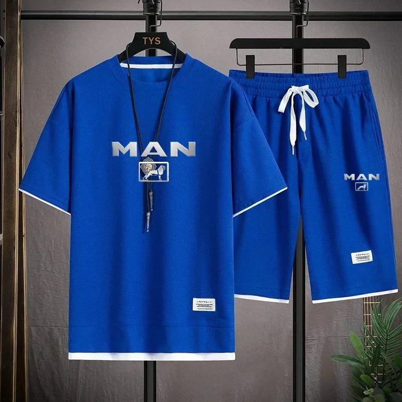 Men's summer short sleeved T-shirt set: fashionable top and shorts, casual sports outdoor two-piece set