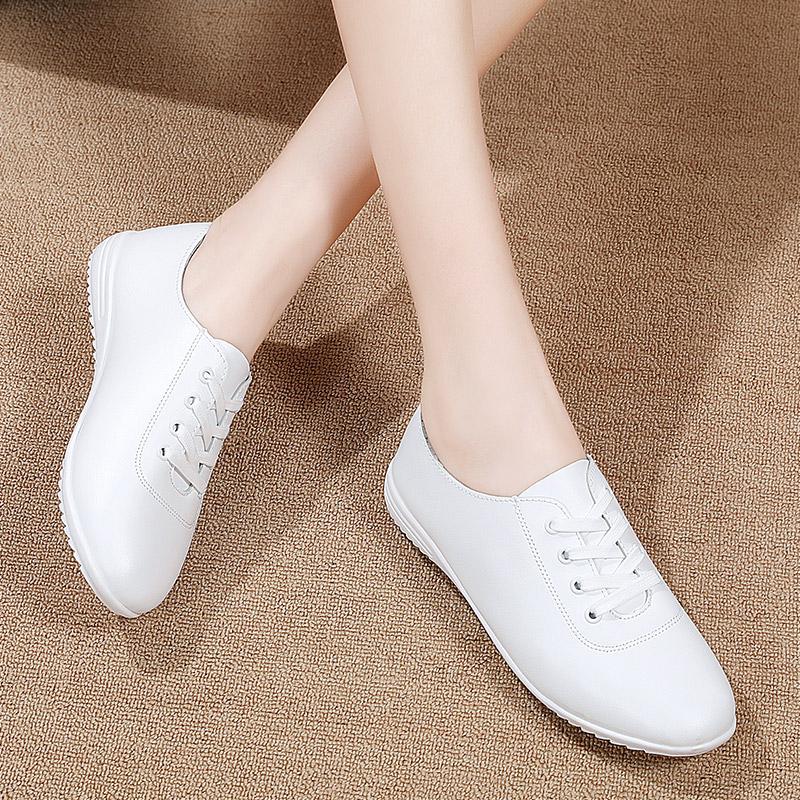 Female Ladies Women's Genuine Leather Flats Shoes Loafers Soft Moccasins Lace Up Comfortable White Shoes Luxury Flat Shoes Plus