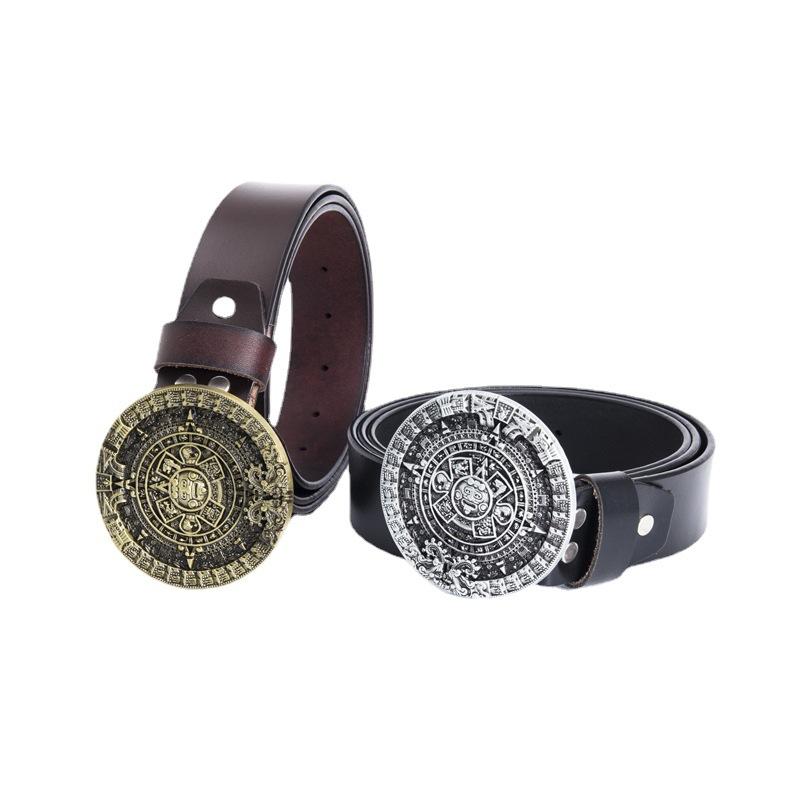 Glossy Whole Cowhide Belt, Zinc Alloy Ancient Tin Aztec Calendar Belt, Retro Large Size Pure Leather Belt.