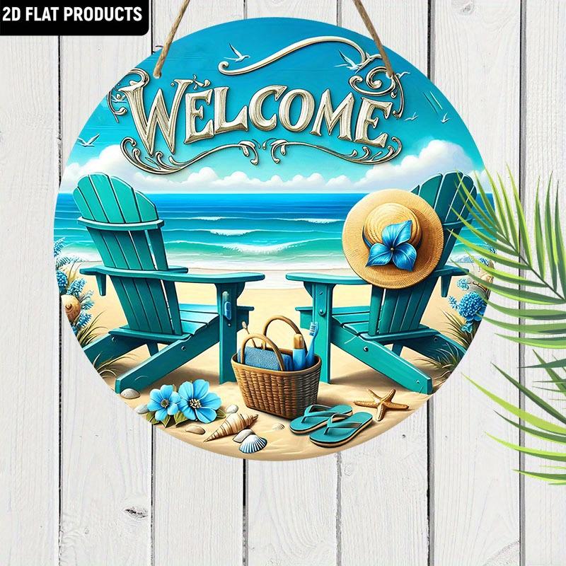 JIT [2D Flat] 1pc Delicate Beach-Themed Wooden Decorative Plaque & Statues, 7.87x7.87 Inch Round Hanging Art Decor with Blue Recliner and Sun Hat