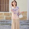 Pa Si Te Summer New Chinese Style Chiffon T-shirt & Pants Set