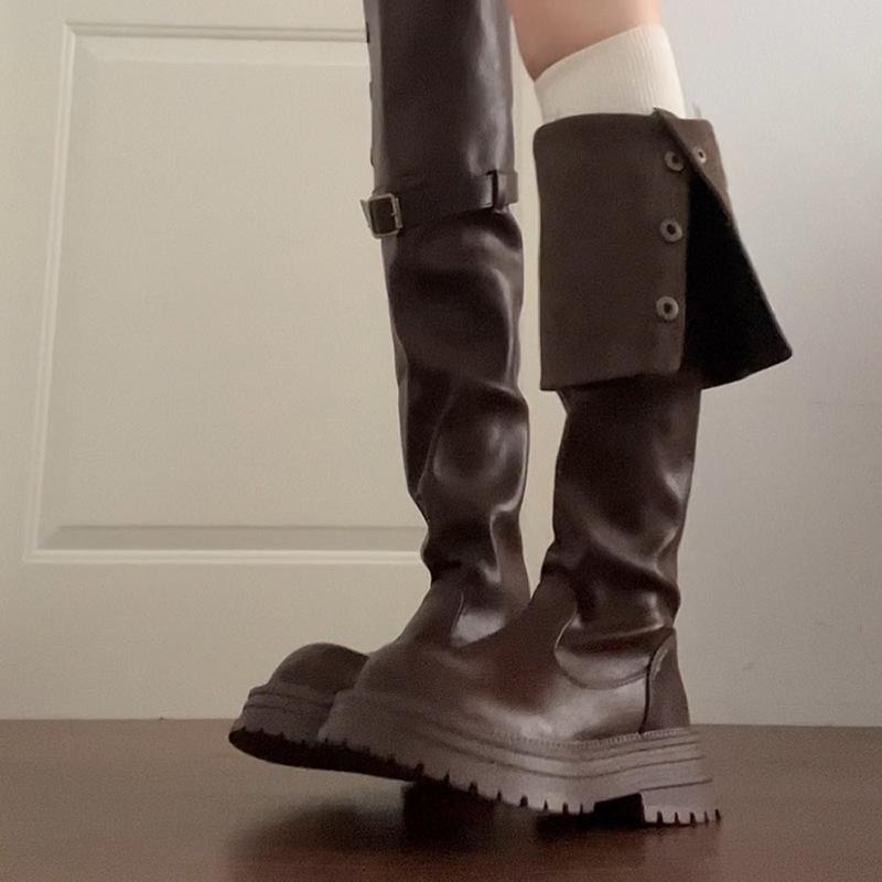 

вестерны на толстой подошве, сапоги на толстом каблуке, сапоги ботфорты, женские, осень-зима 2025, новые, ретро, два варианта носки, складные рыцарские модные сапоги 40 коричневый