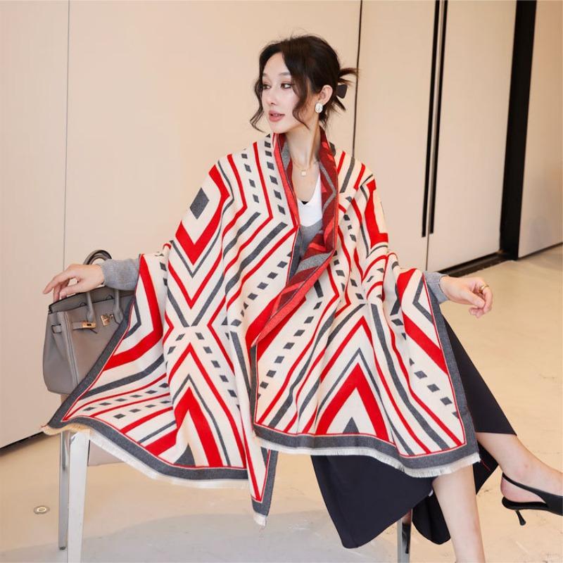 

Autumn and winter thick double-sided jacquard scarf women s high-end sense geometric imitation cashmere shawl thickened warm outer scarf 190cm