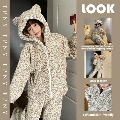 Cartoon Hooded Leopard Print Pajamas Women's Winter Plush Thickened Home Clothes Set