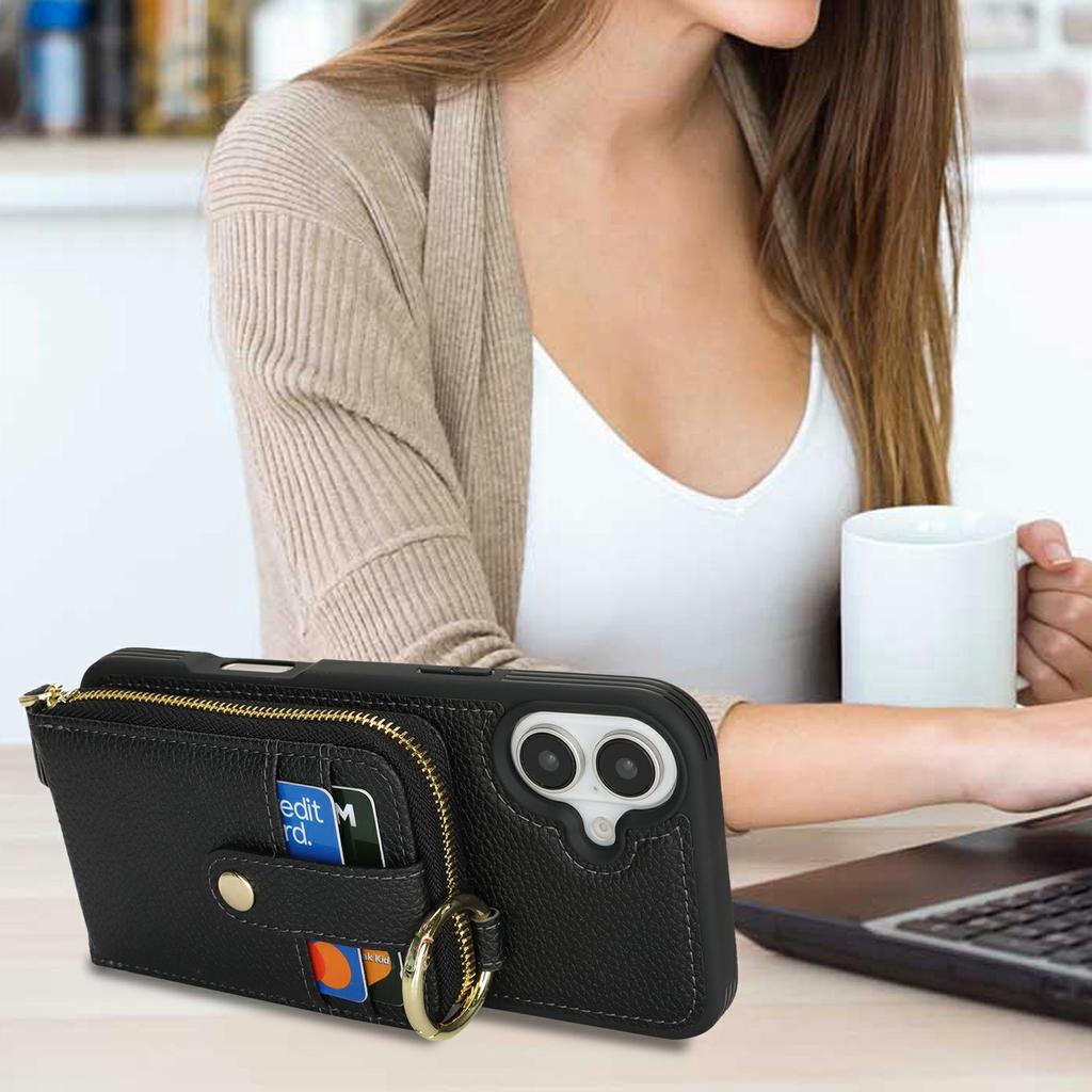 For iPhone 16 Plus Case with Zipper Pouch/Ring Kickstand/Strap Litchi Texture PU + TPU Phone Cover