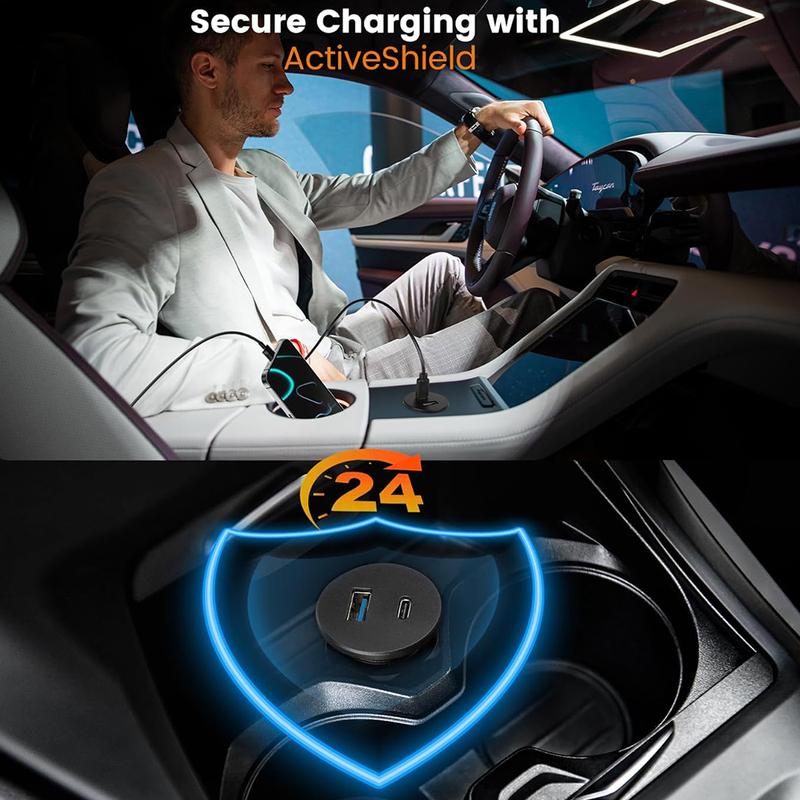12V USB Outlet 30W PD Type-C & 18W QC3.0 Aluminum USB Charger Socket Dual Fast Charging Recessed Mount Replacement Car Charger