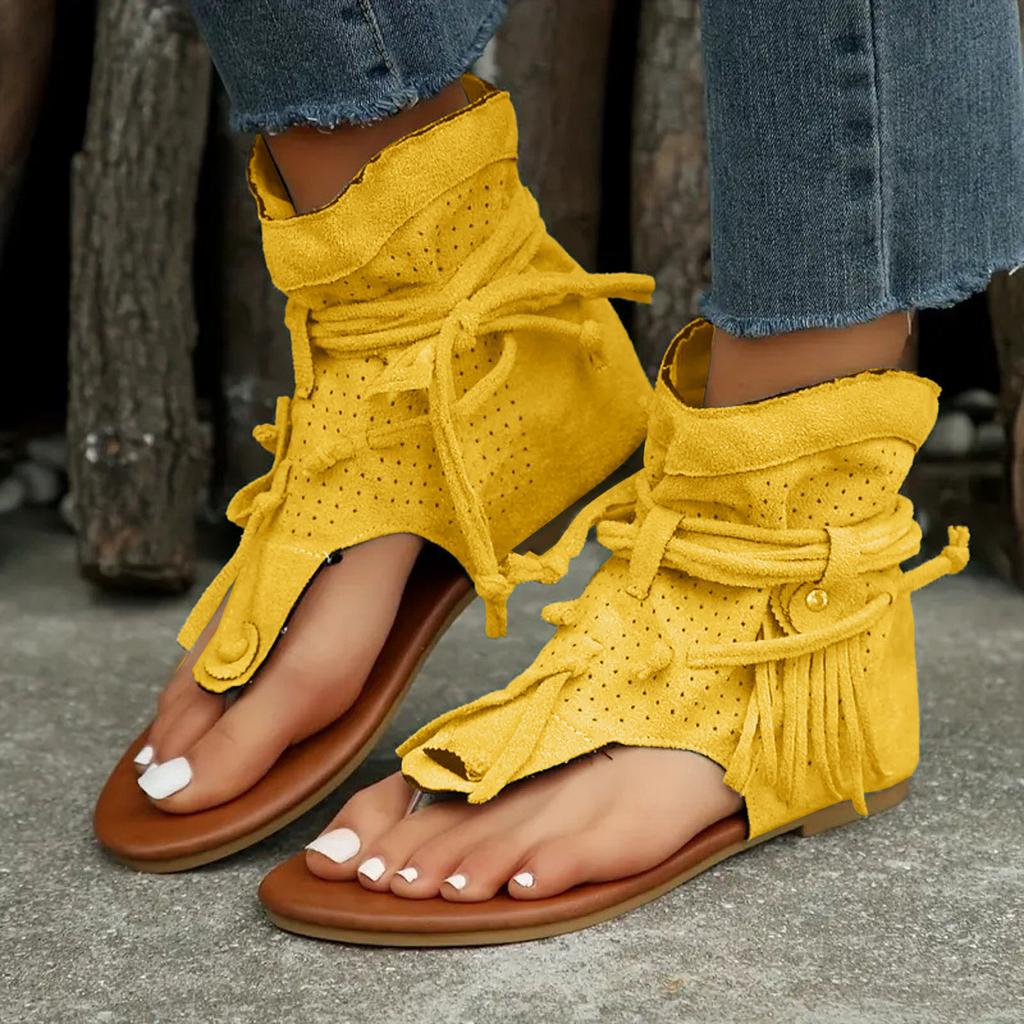 Lace Up Platform Sandals For Women Flat Soled Thong Toed Women'S Slippers Fashionable And Casual Tassel Hollow Zapatos De Mujer