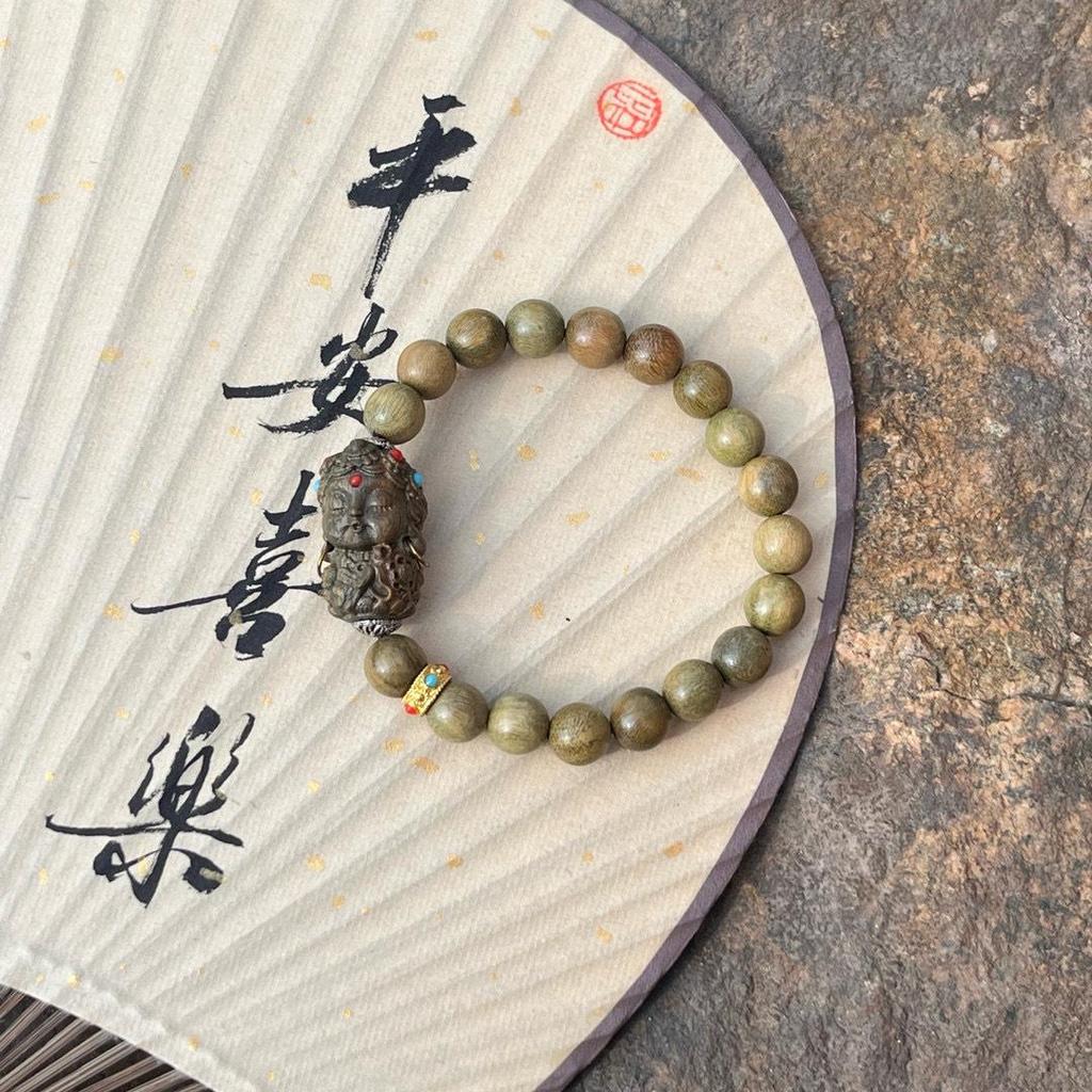 Green Sandalwood Buddhist Beads Bracelet - Single or Multi-Loop Options, Wenwan Wooden Crafts.