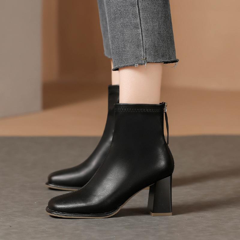 Yuexinwang genuine leather flat for Huizhou women's shoes grape mother same boots for women's autumn and winter new thickened thick heel short boots f