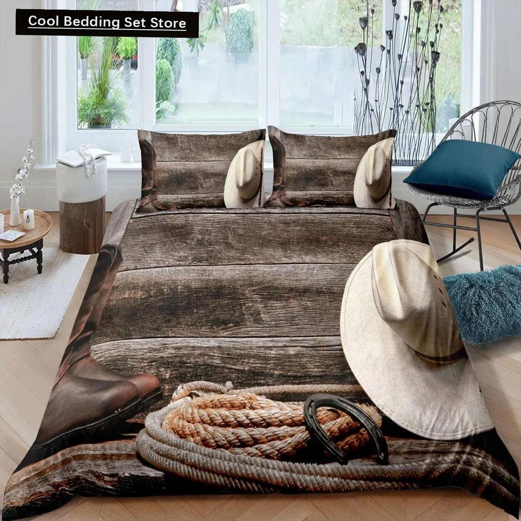 Western Cowboy Duvet Cover Set Vintage Farmhouse Bedding Set For Kids Boys Teens Queen Size Soft 2/3Pcs Polyester Quilt Cover