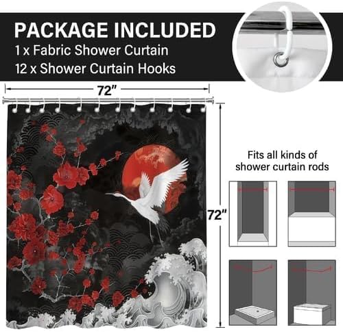 Red Japanese Bird Shower Curtain with Crane and Plum Blossoms,Waterproof Fabric Bath Curtain, Anime Wave Style Bathroom