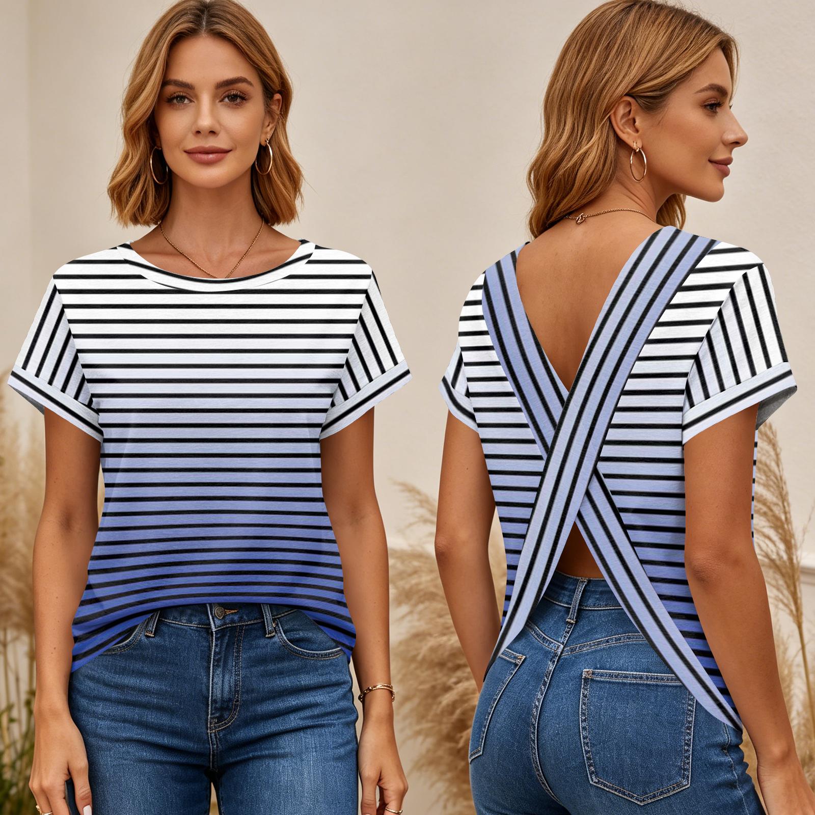 

Women s Short Sleeve Striped Print Top Cross Back Open Back T Shirt Casual Summer Blouse Lightweight Breathable Fabric XL синій