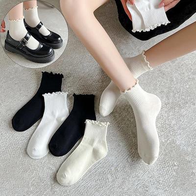 Cotton Ruffles Ankle Socks Women Ins Summer Cute Kawaii Korean Sock Girl Spring Black White Middle Tube Japanese Sox
