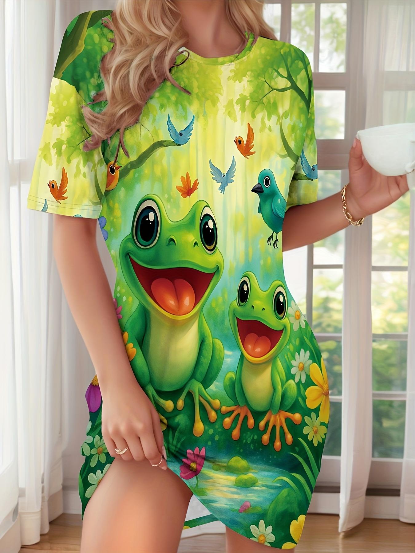

Women s European and American Vacation Style Fashionable Casual Optimistic Frog. Bird. and Beautiful Flowers Printed Comfortable Casual Short-Sleeve R S