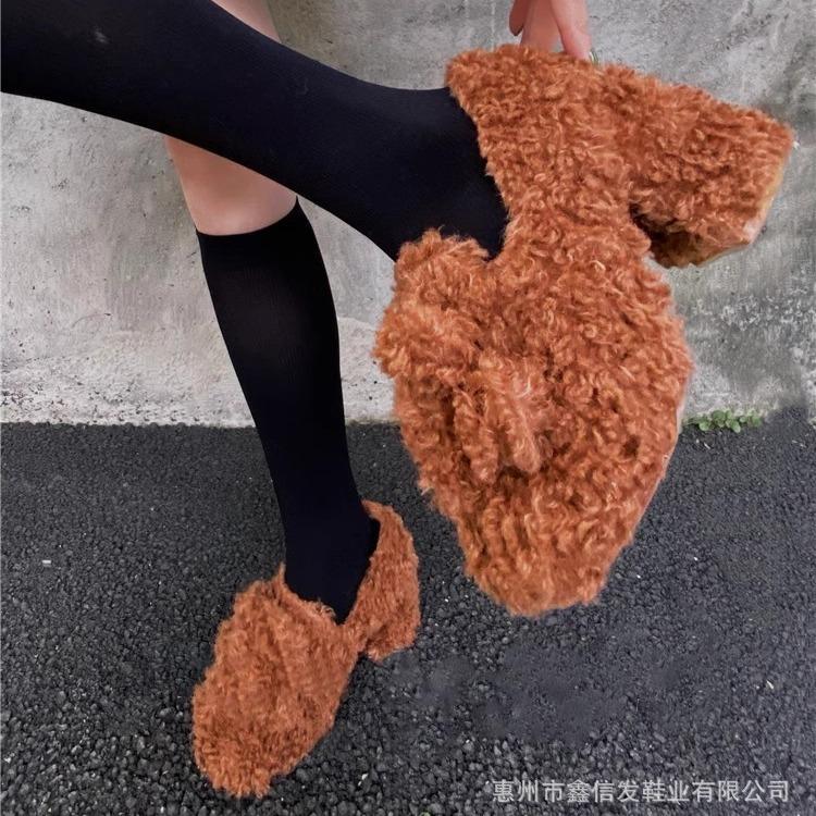 

[В наличии] Плюшевые туфли-тедди женские зимние бархатные верхняя одежда толстый каблук толстая подошва Мэри Джейн одинарные туфли милый ветер 39 коричневый