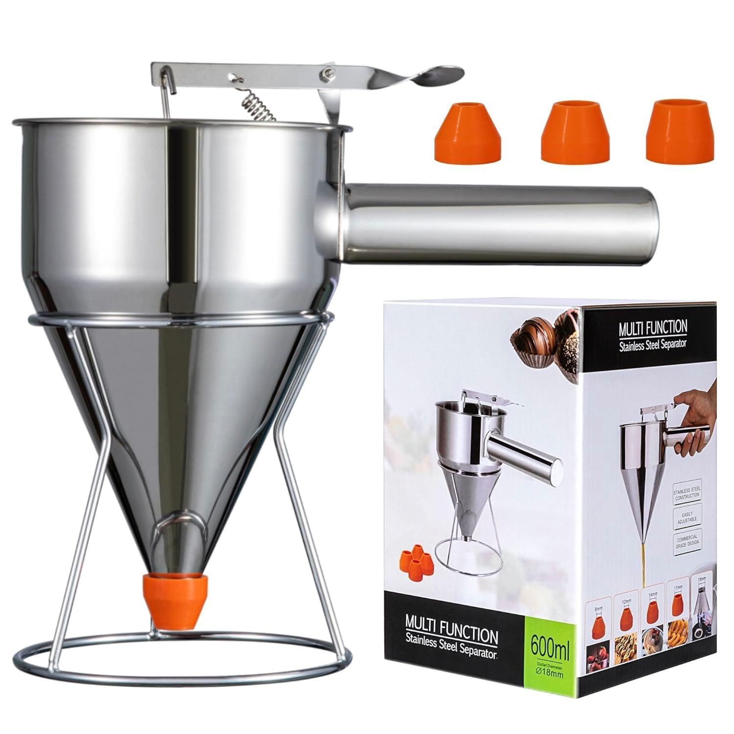 

Pancake Batter Dispenser with 4 Nozzles Multi-Caliber Stainless Steel Funnel Cake Dispenser with Stand Great for Baked Goods