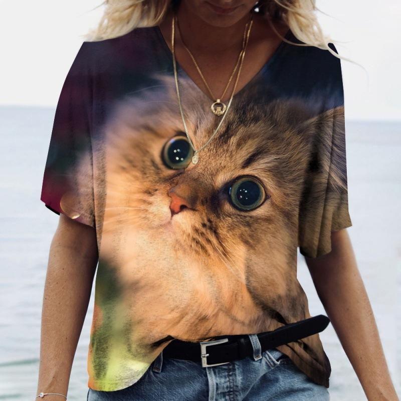 Ladies' T-shirt Cute Kitten Digital Printed Casual V-neck Short Sleeved Clothing Loose Top Shirt
