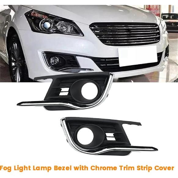 Car Front Bumper Fog Light Cover with Chrome Trim Strip Compatible for Suzuki Ciaz 2015-2017 Car Fog Lamp Grille Bezel(1 Pair)