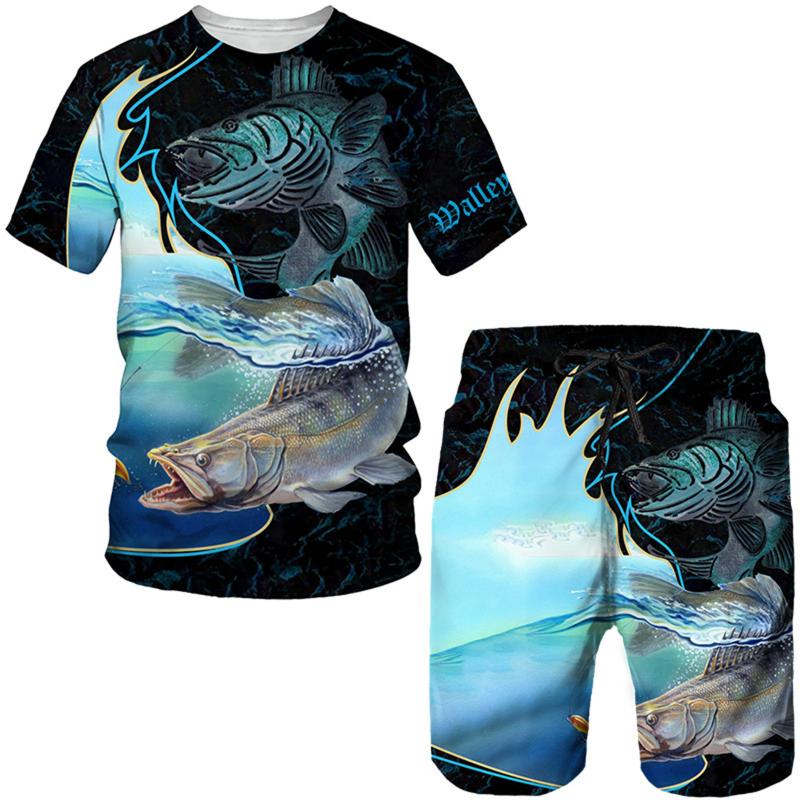 Multi-Scene 3D Sportswear Set Realistic Bass Fishing Print & Men's Outdoor Adventure Wear Quick-Dry Beachwear Set Fishing Outfit