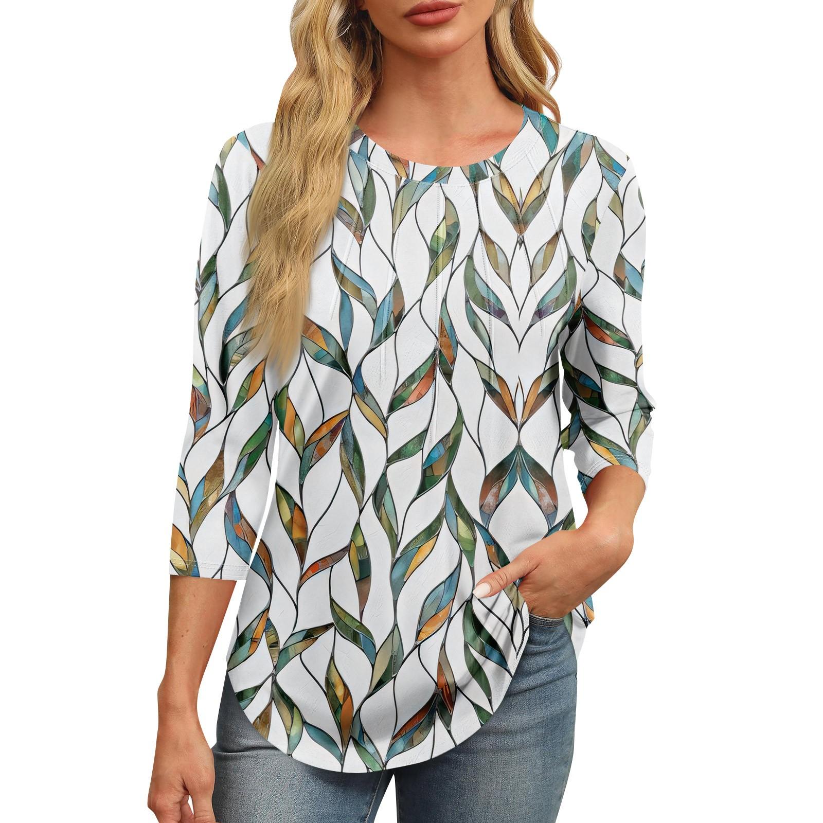 Женская модная футболка с круглым вырезом и рукавом 3/4 с принтом — фото 11