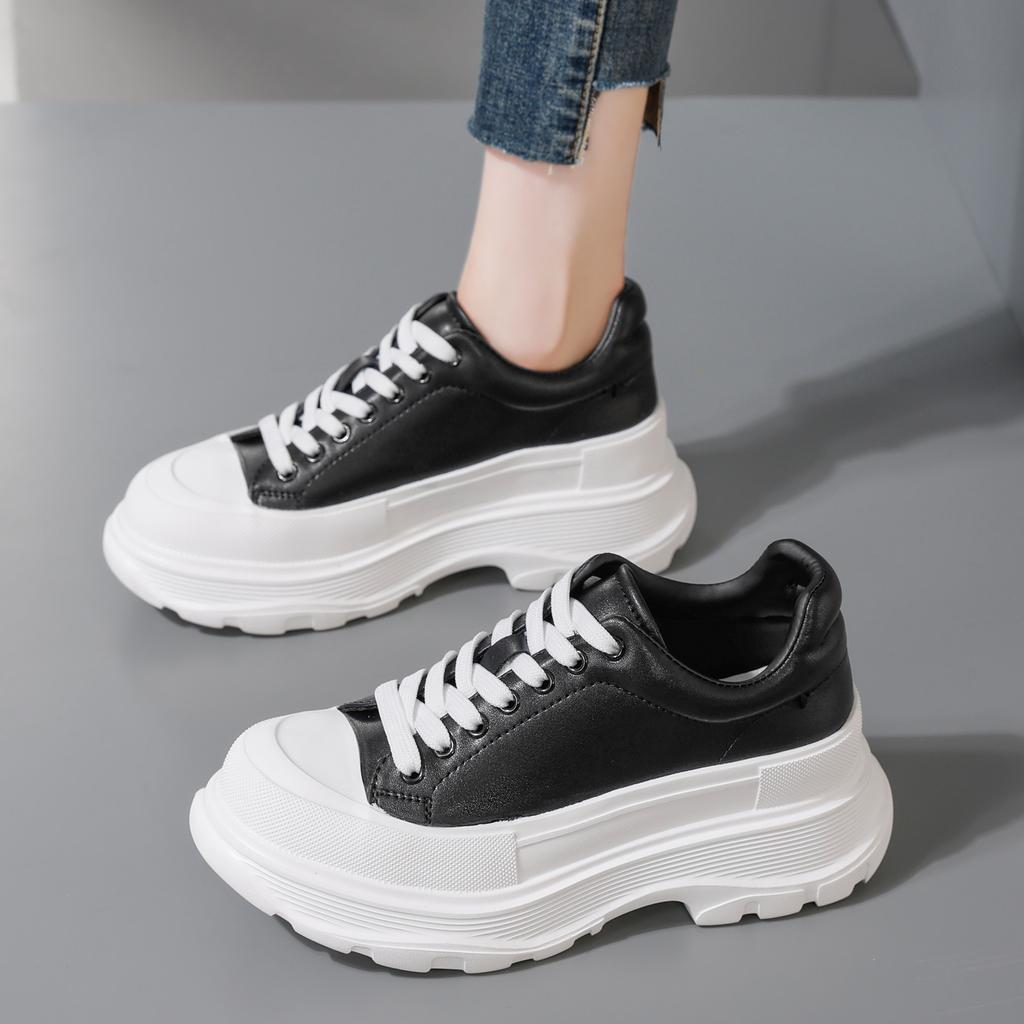 Leather platform white shoes women's spring new front lace-up lightweight height-increasing muffin shoes versatile casual board shoes