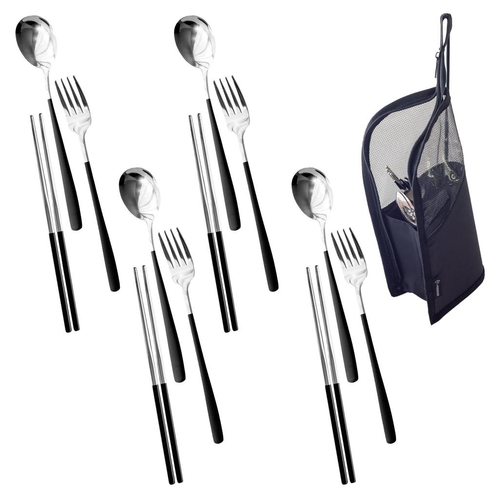 FOXDOOR Set de tacâmuri Bețișoare Linguriță Furculiță Tac de depozitare Masă de sufragerie Scandinavă Prevenirea dezastrelor 20cm Tacâmuri de tabără din oțel inoxidabil negru 3 buc