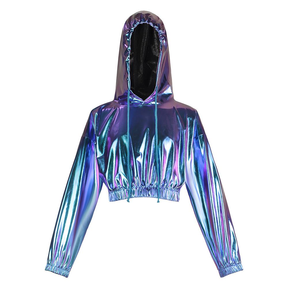 Halloween suit bright leather sexy leaking navel hooded long-sleeved jumper performance suit Symphony laser sweater