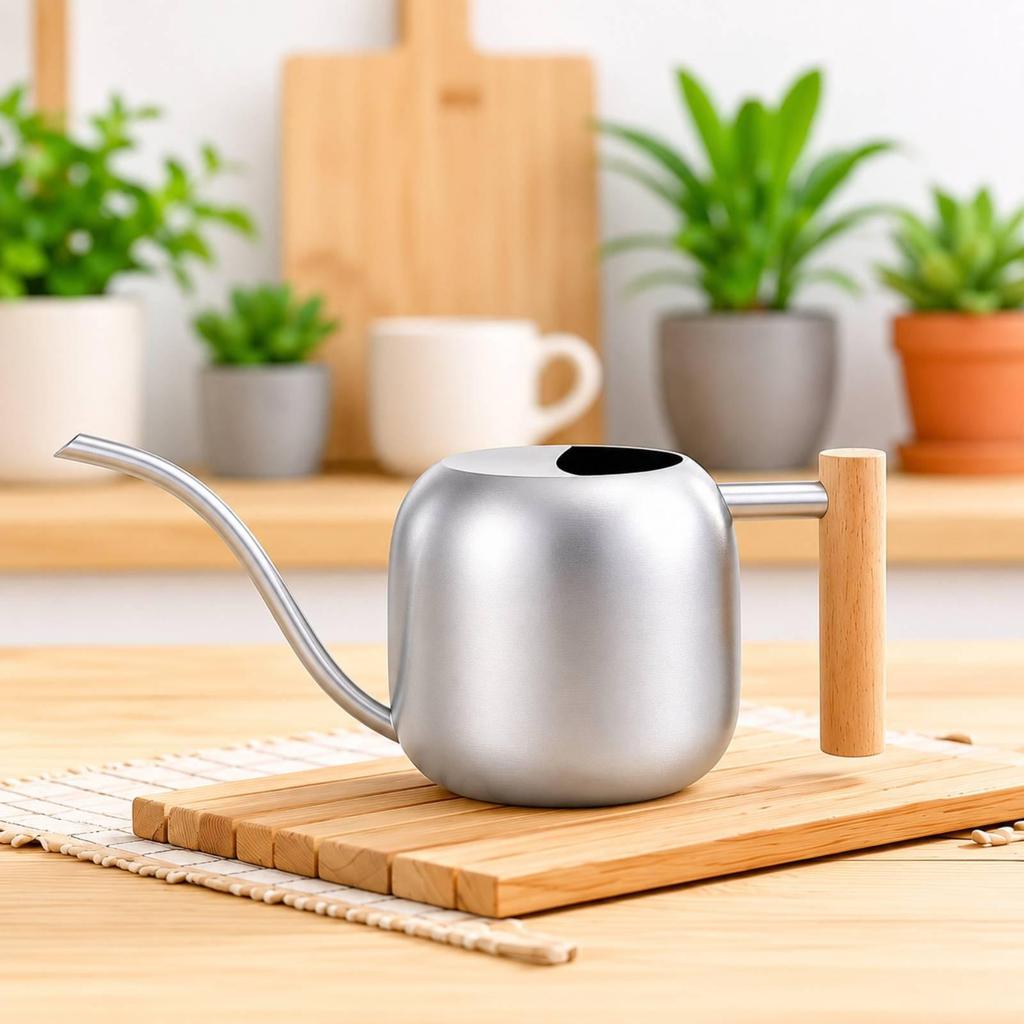 Stainless Steel Watering Can Modern with Wooden Handle Silver Vessel for Plant Lovers,